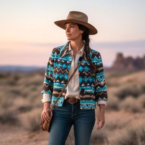 Vintage Scott Taylor Silk Blend Aztec Southwest Jacket L Boho Western 90s Artsy